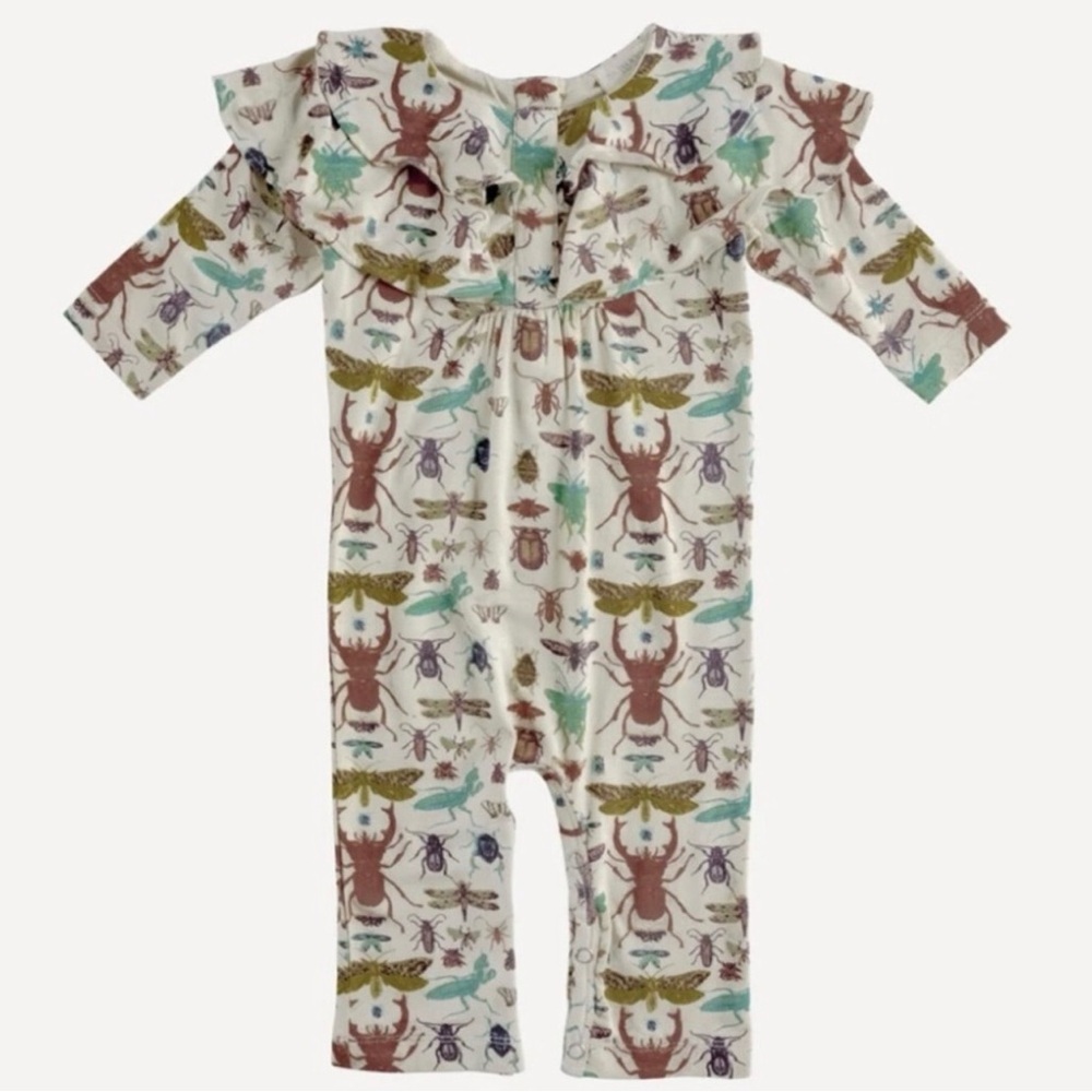 Kate Quinn 0-3 months Ruffle Neck Bug-Print One-Piece Romper